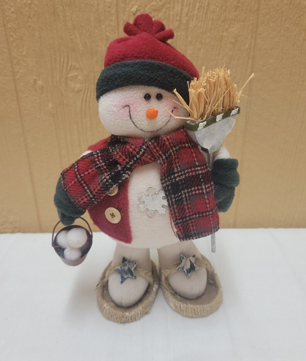 Snowman In Snowshoes Standing 14" Broom Pale of Snowballs Table Top Decor